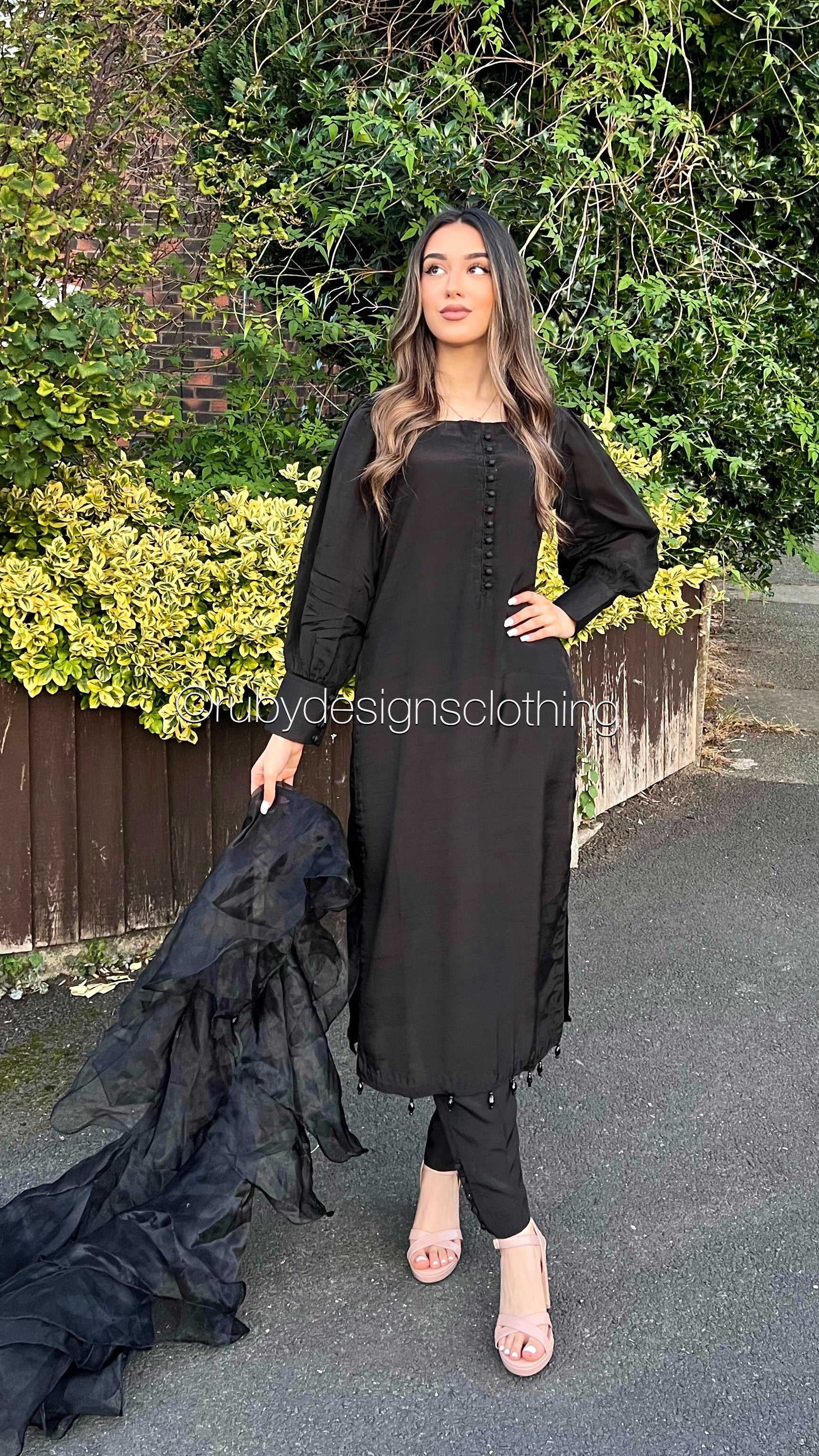 MALIHA Black - 3 Piece Raw Silk Suit with Ruffle Dupatta (7671599169749) (8748148359381)