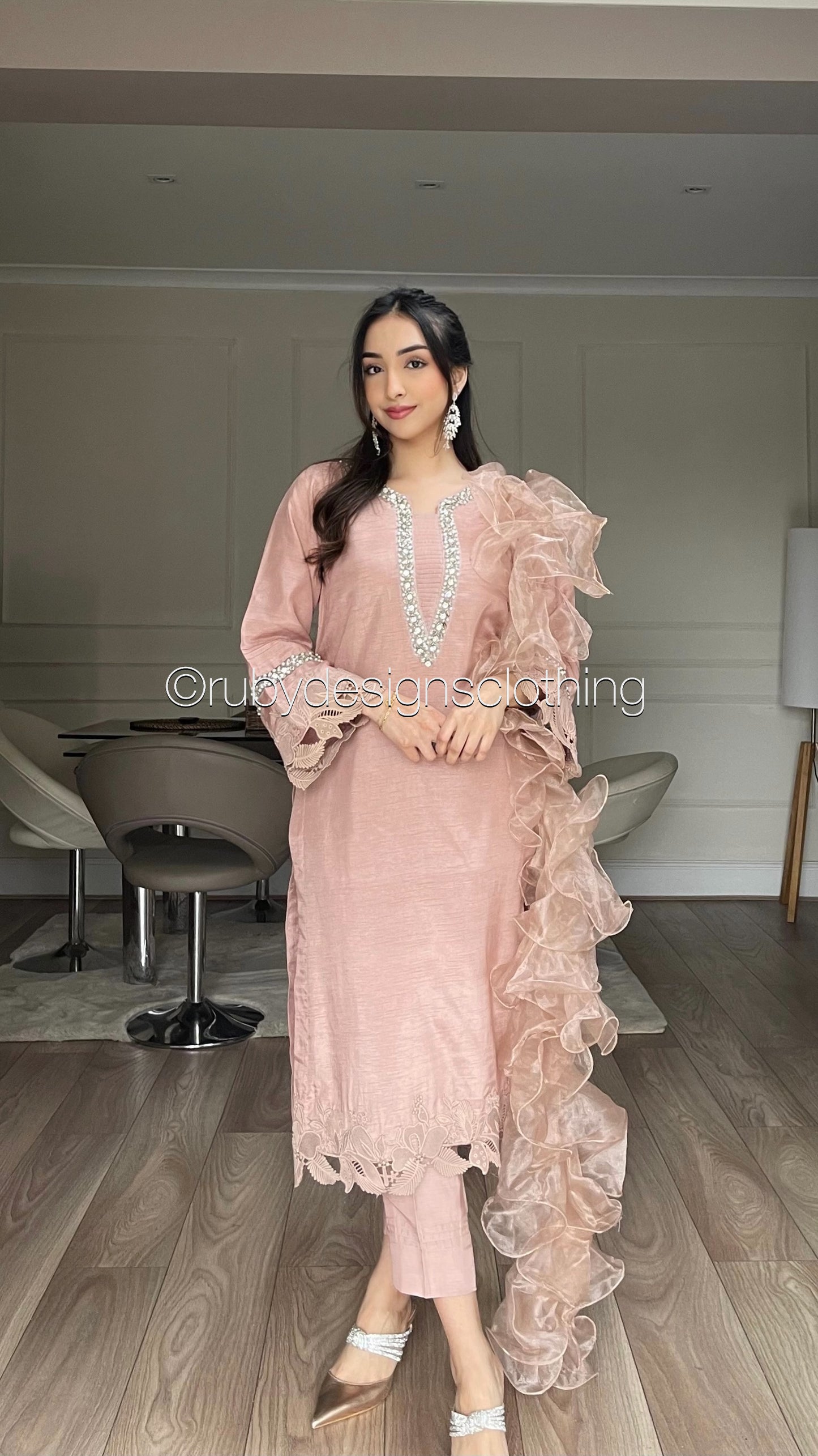 DALILA - 3 Piece Pink Korean Raw Silk Suit with Ruffle Dupatta (8020413710549)
