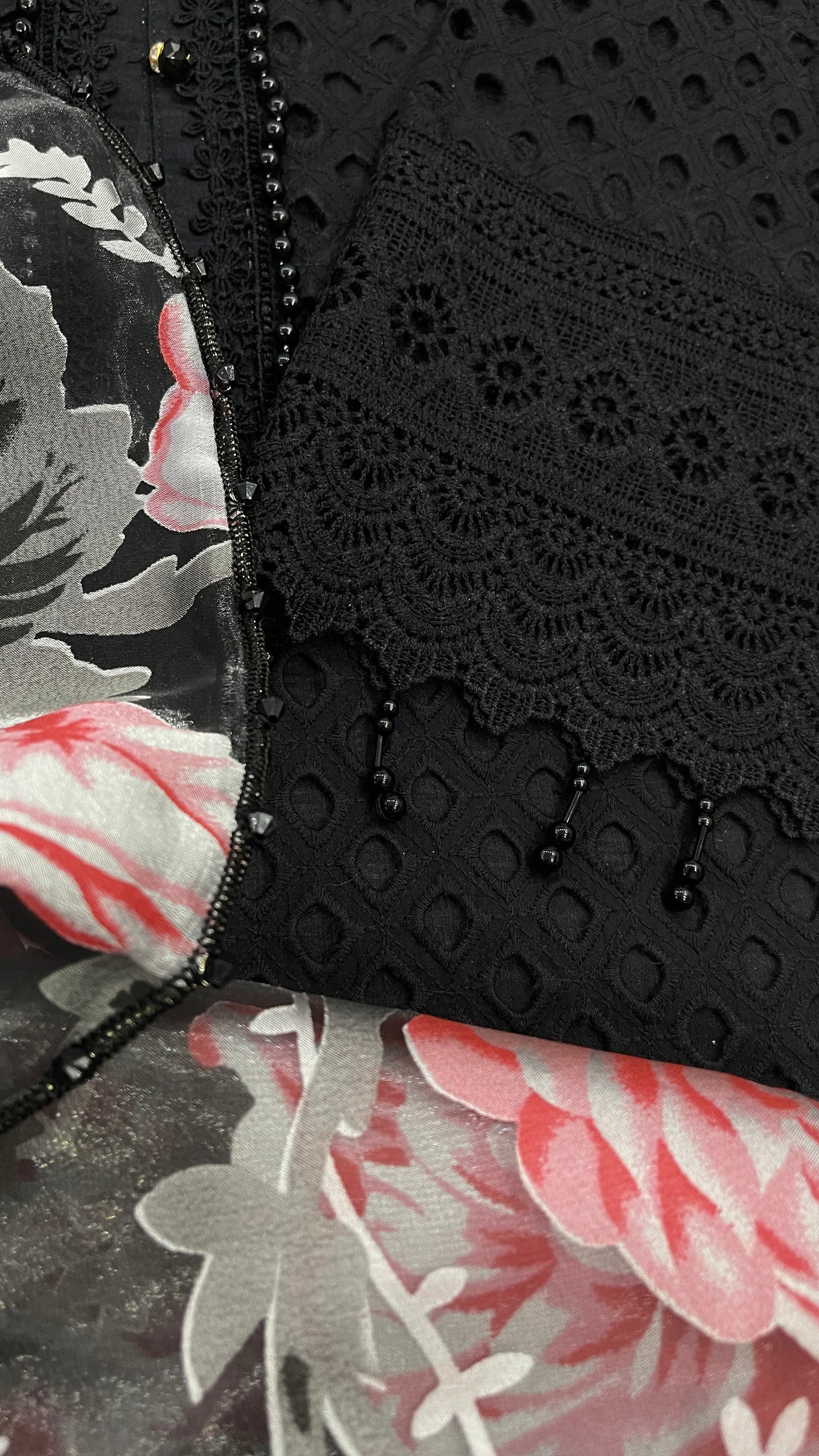 AFYA - 4 Piece Black Chikankari Suit with Tulip Trousers and Floral Organza Dupatta (7762932629717)