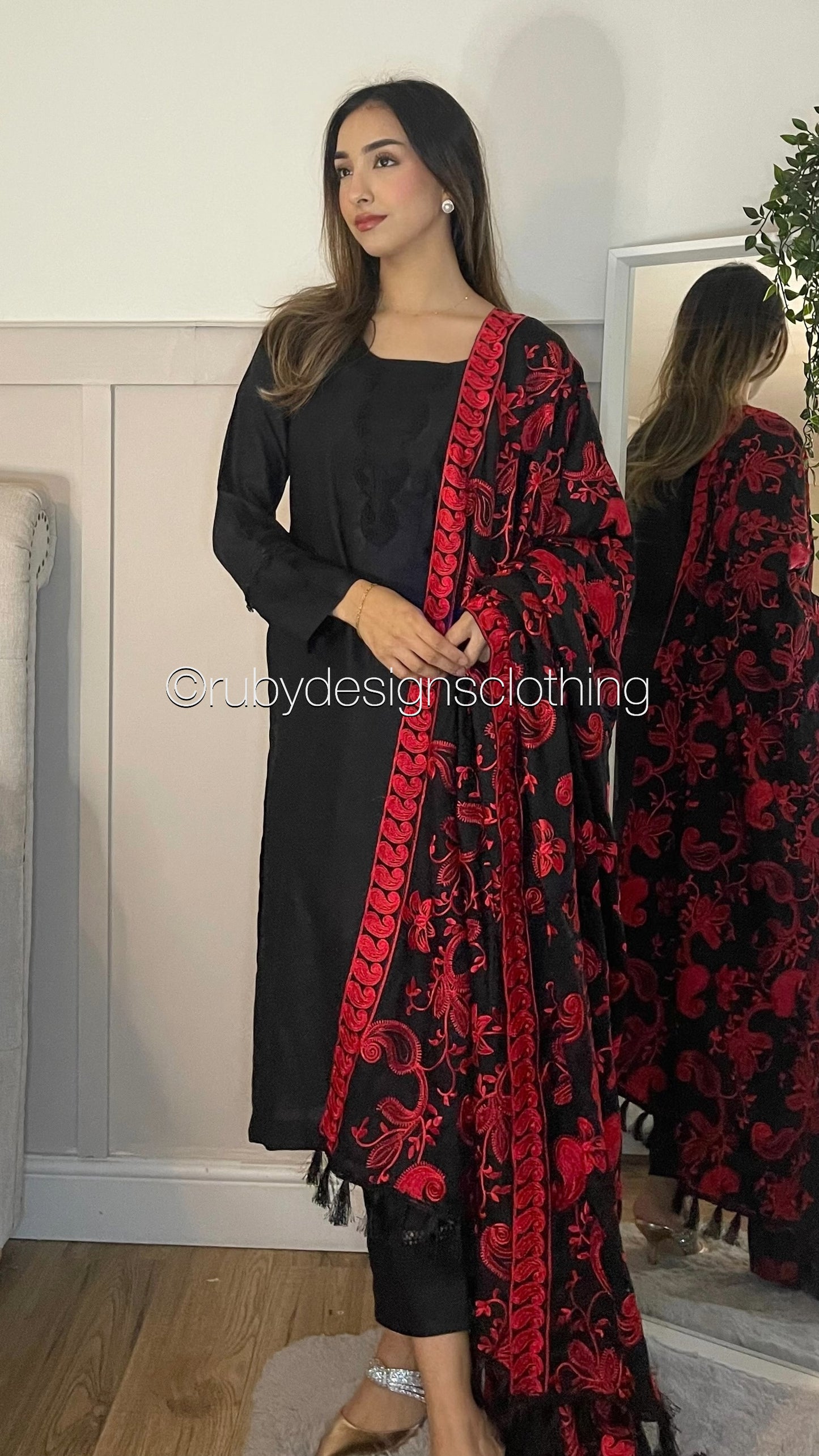 ZEENAT - 3 Piece Black Linen Suit with Heavily Embroidered Shawl (7989822390485)
