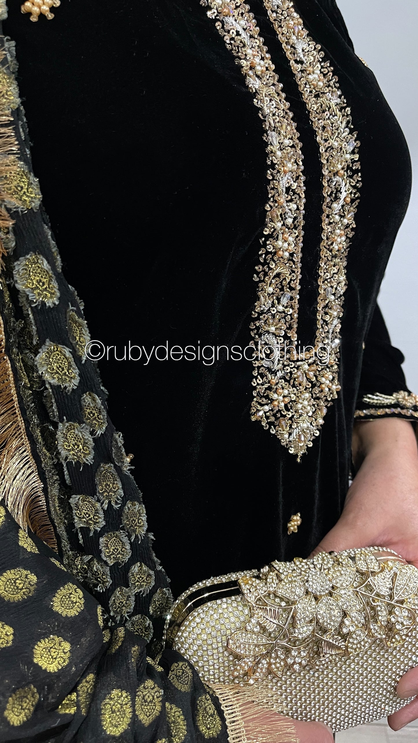 SAMINA - 3 Piece Black Velvet Suit with Jamawar Chiffon Dupatta (7960235311317)
