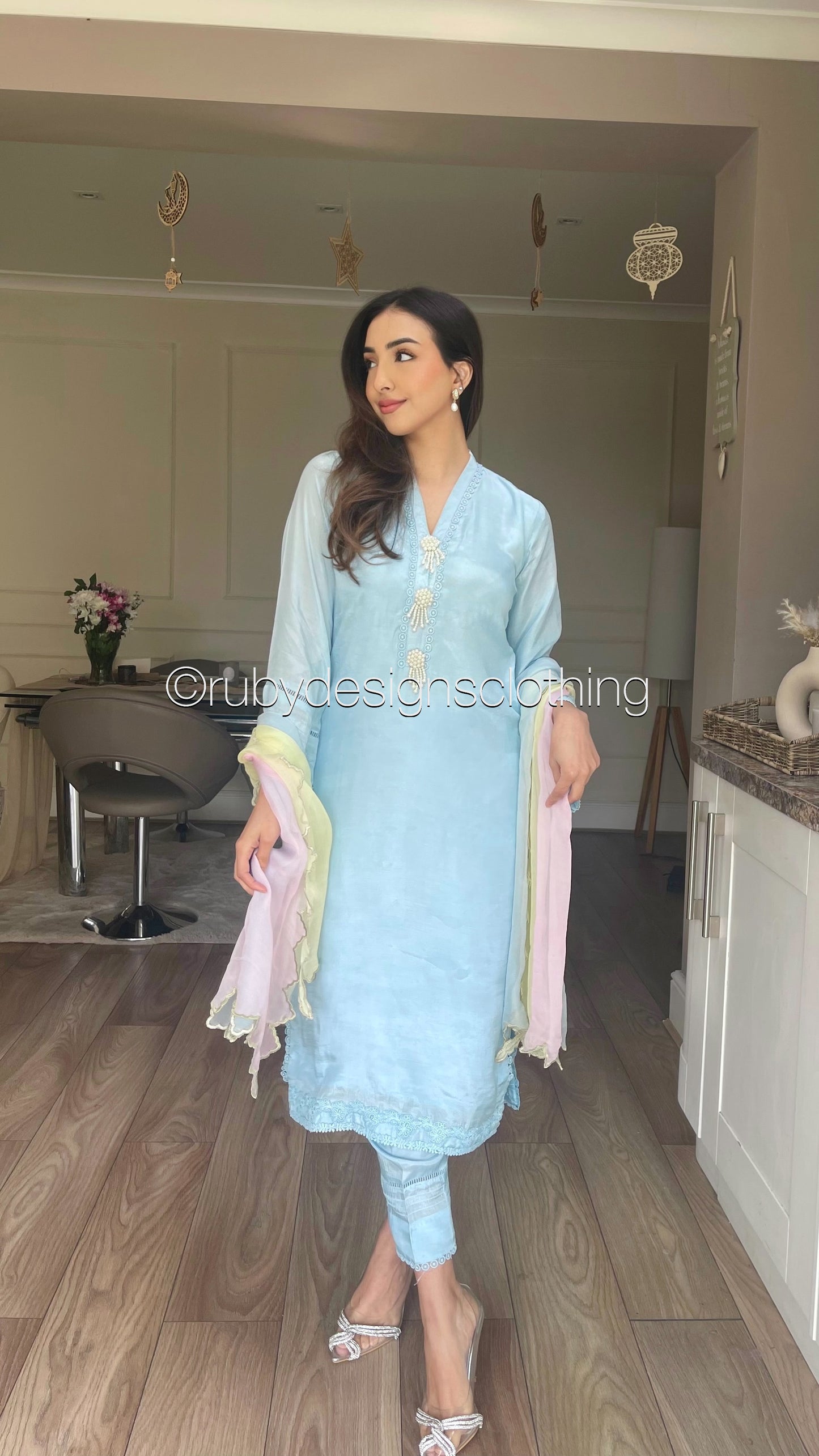 KARA - 3 Piece Baby Blue Cotton Silk Suit with Three Toned Chiffon Dupatta (8028375679189)