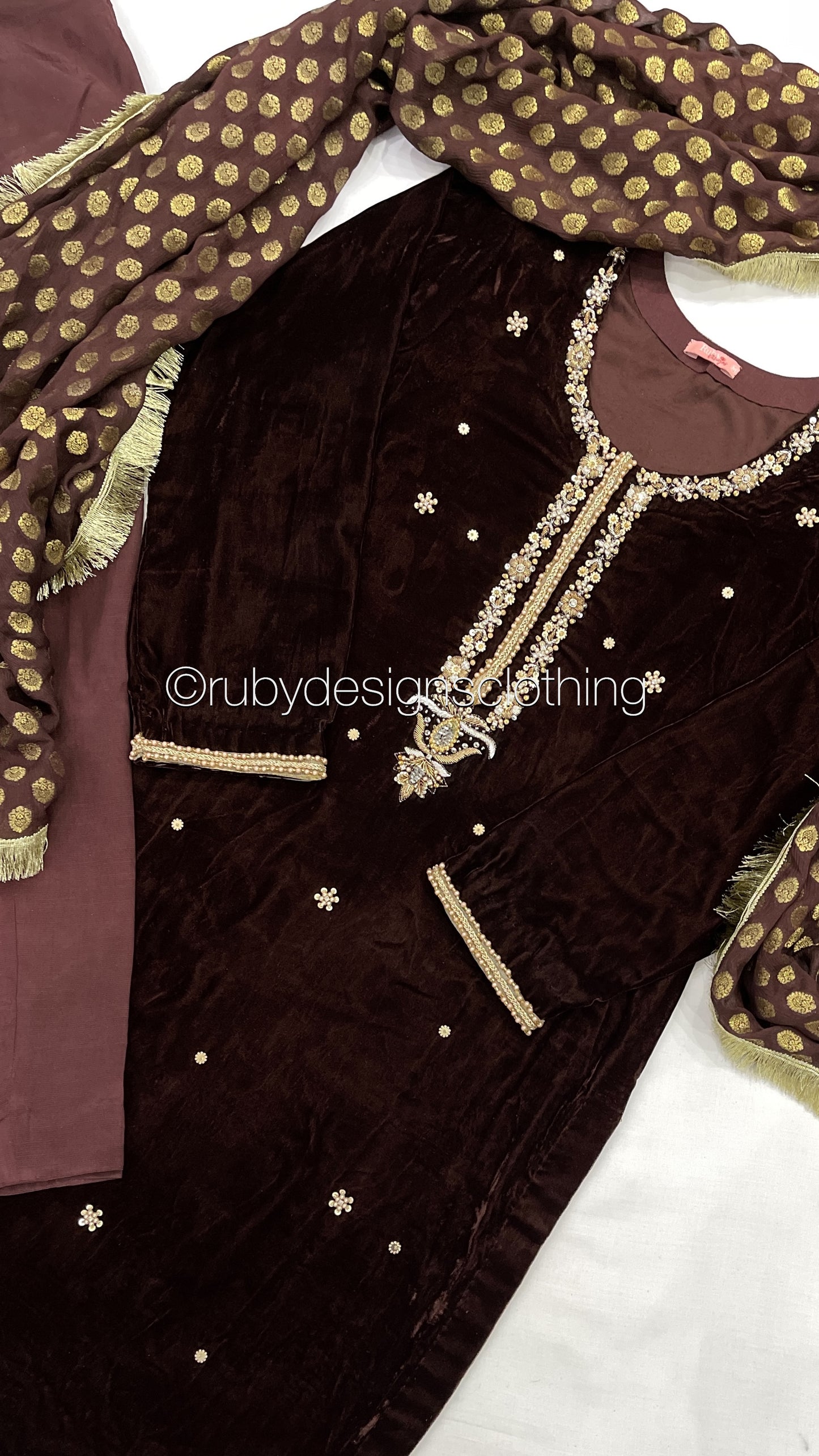 RAIYA - 3 Piece Brown Velvet Suit with Jamawar Chiffon Dupatta (7954033672405)