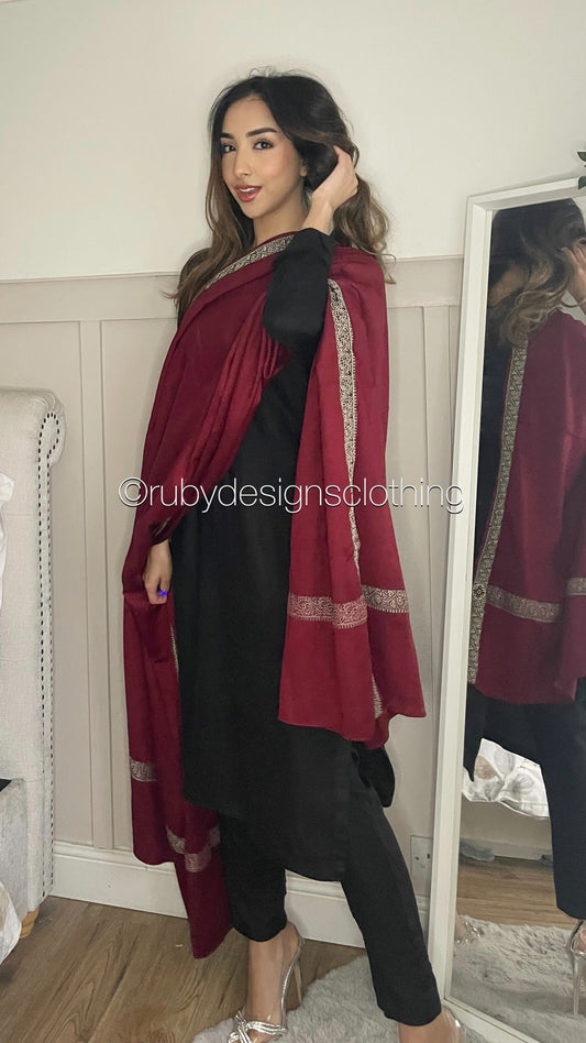 NIMRA - 3 Piece Black Marina Suit with Maroon Shawl (7974927728853)