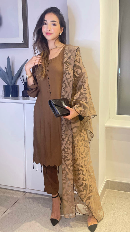 HIBAH - 3 Piece Brown Linen Suit with Printed Organza Dupatta (7472416882901)