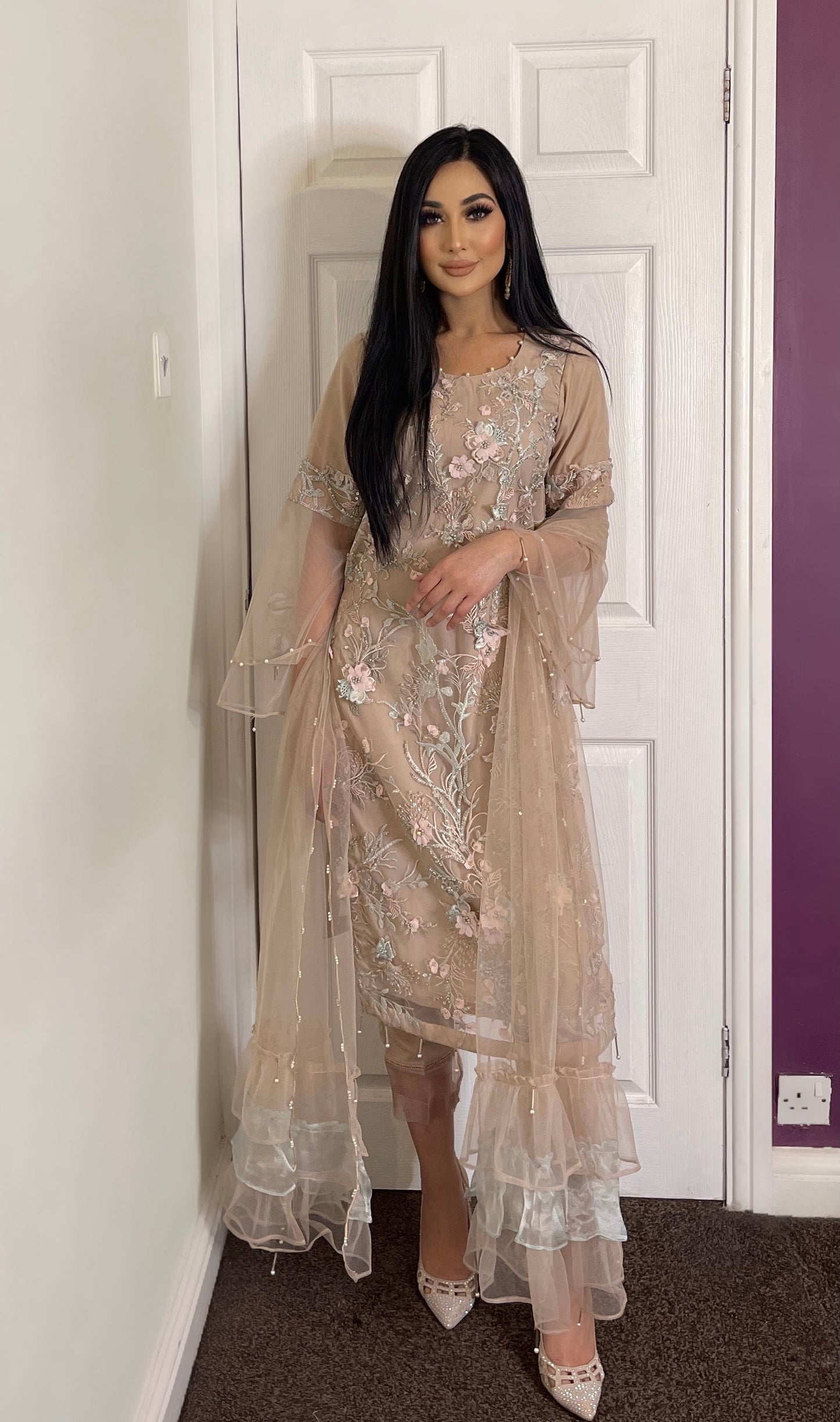 NOOR Powder Pink - 3 Piece Heavy Embroidered Net Suit with 3D Details (7655010468053)