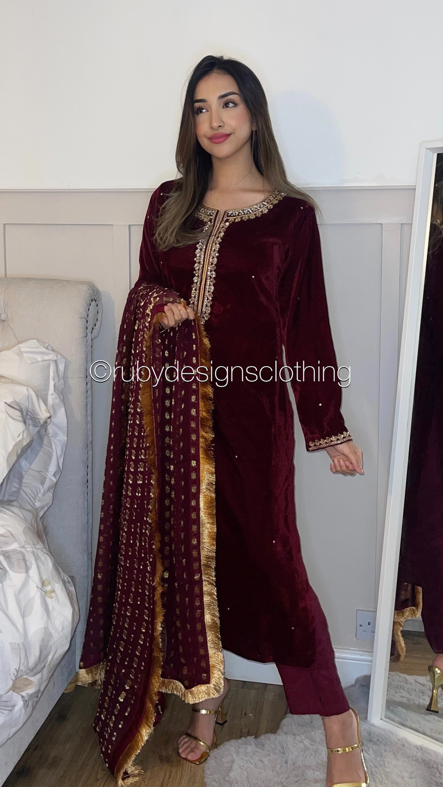 HAFSA - 3 Piece Maroon Velvet Suit with Jamawar Chiffon Dupatta (7953755570389)