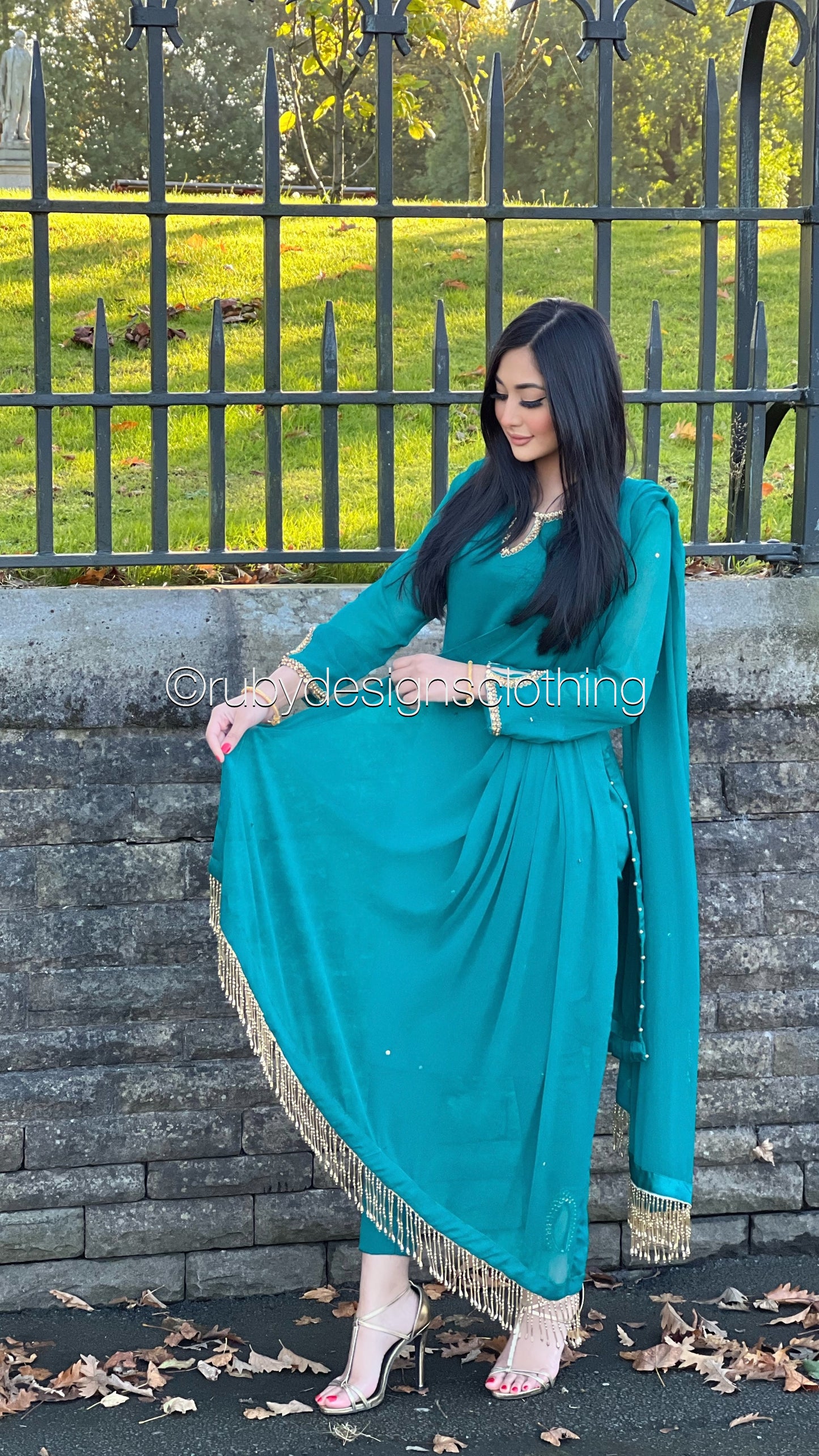 LIMITED EDITION HAYA Deep Sea Green - 3 Piece Chiffon Suit with Hand Embellished Neckline (7914318266581) (8748083511509)