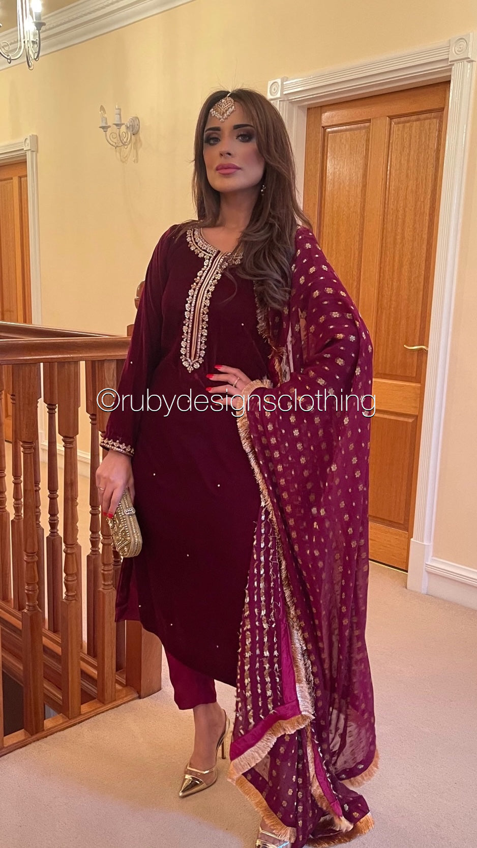 HAFSA - 3 Piece Maroon Velvet Suit with Jamawar Chiffon Dupatta (7953755570389)