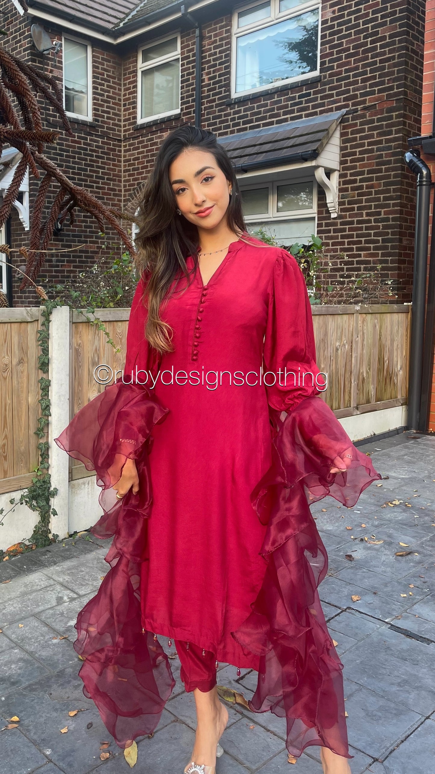 LAYLA Red - 3 Piece Raw Silk Suit with Ruffle Dupatta