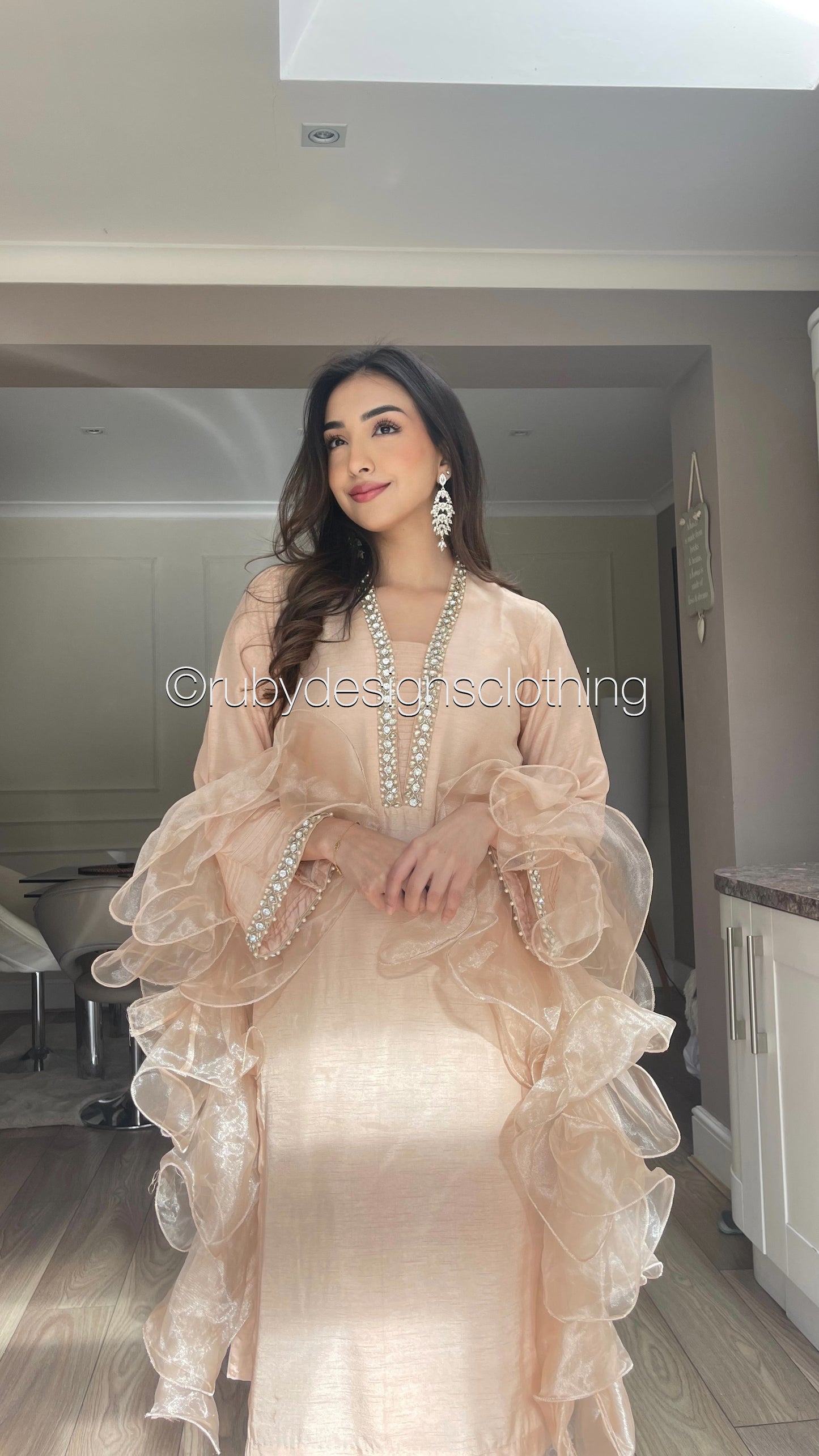 FARYAL - 3 Piece Peach Korean Raw Silk Suit with Ruffle Dupatta (8020413546709)