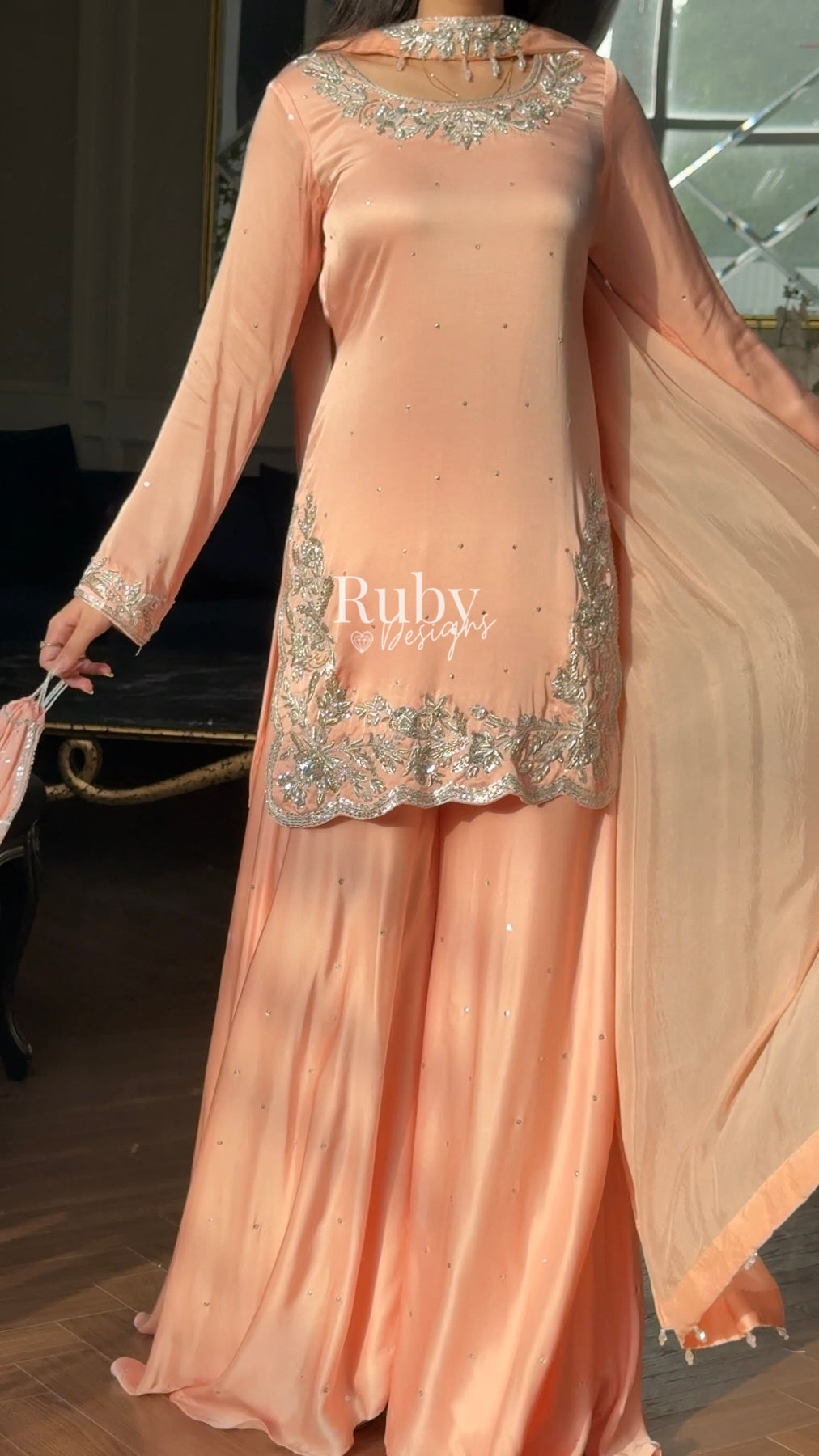 PARISA Peach - 4 Piece Silk Suit with Matching Potli Bag