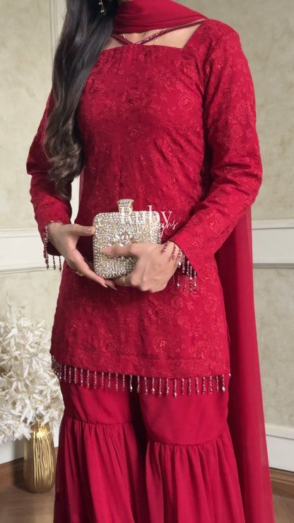FARYAL Rouge - 3 Piece Chiffon Suit with Tiered Sharara