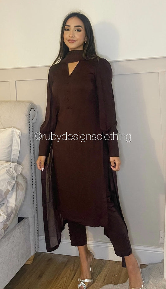 HANA - Brown 3 Piece Linen Suit with Chiffon Dupatta