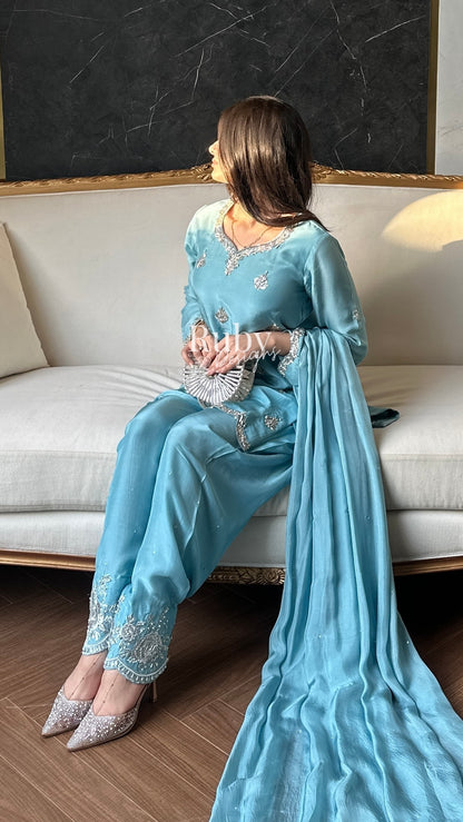 ATIFA Sky - 3 Piece Silk Suit with Shalwar