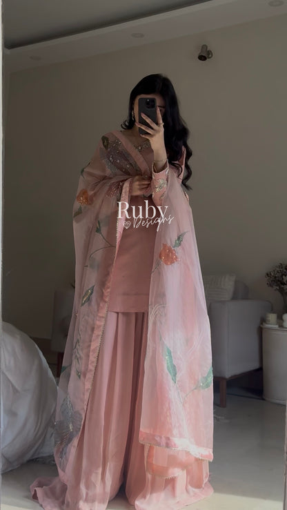ZAIRA Rose - 3 Piece Chiffon Sharara Suit with Hand Painted Dupatta