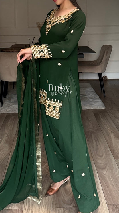 SAJAL Emerald - 3 Piece Chiffon Suit with Farshi Shalwar and Gota Handwork