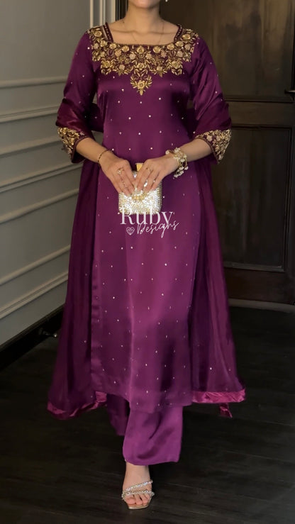 HANIA Plum - 3 Piece Silk Suit with Straight Trouser