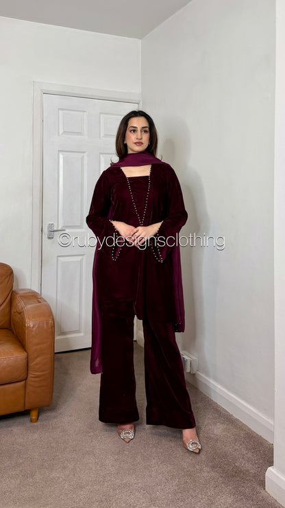 ANUM - 3 Piece Maroon Luxury Velvet Suit with Pearls