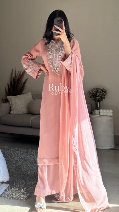 AREEN Blush - 3 Piece Chiffon Suit with Pearl and Stone Handwork
