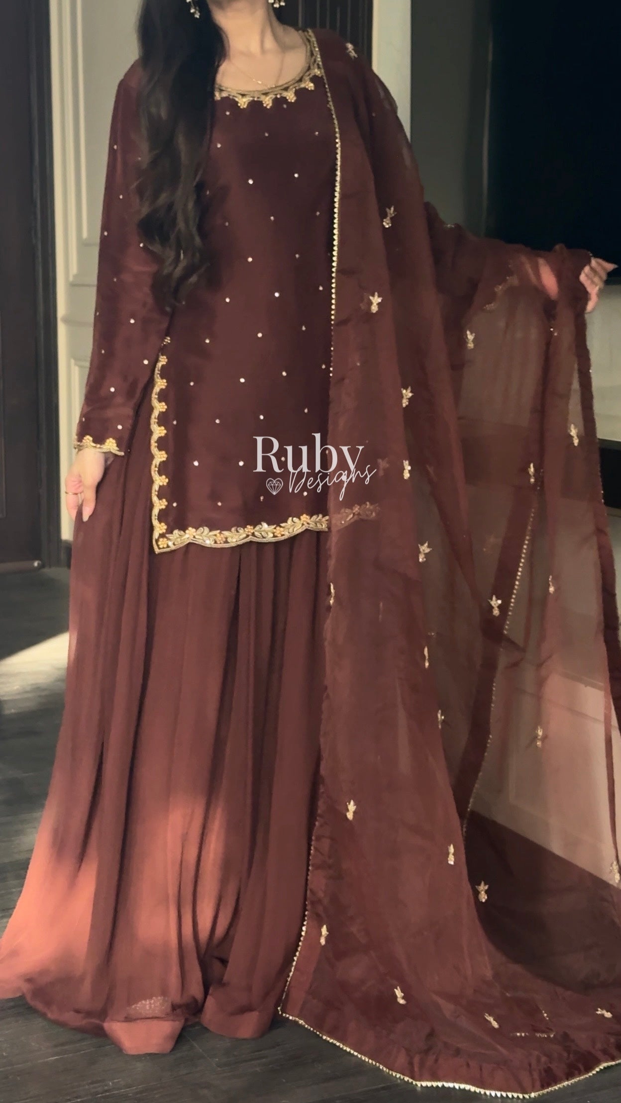 ZEBA Chocolate - 3 Piece Luxury Suit with Sharara