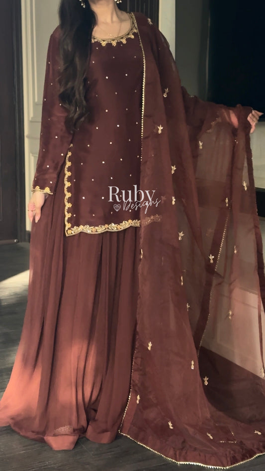 ZEBA Chocolate - 3 Piece Luxury Suit with Sharara