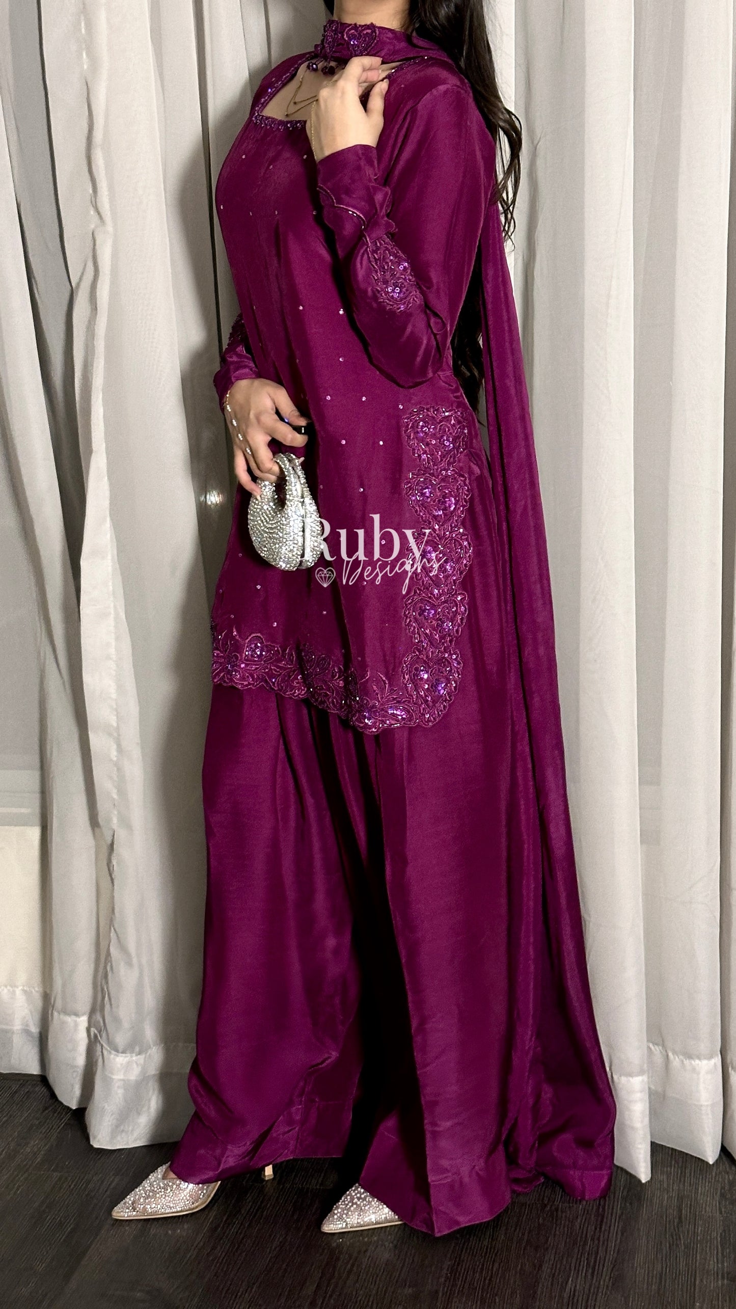 PRE-ORDER (not for immediate dispatch) - SAHARA - 3 Piece Magenta Luxury Silk Suit with Cutdana Handwork