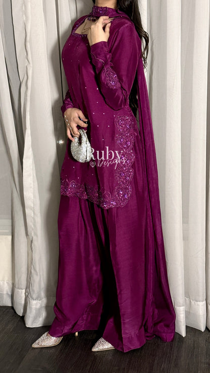 PRE-ORDER (not for immediate dispatch) - SAHARA - 3 Piece Magenta Luxury Silk Suit with Cutdana Handwork
