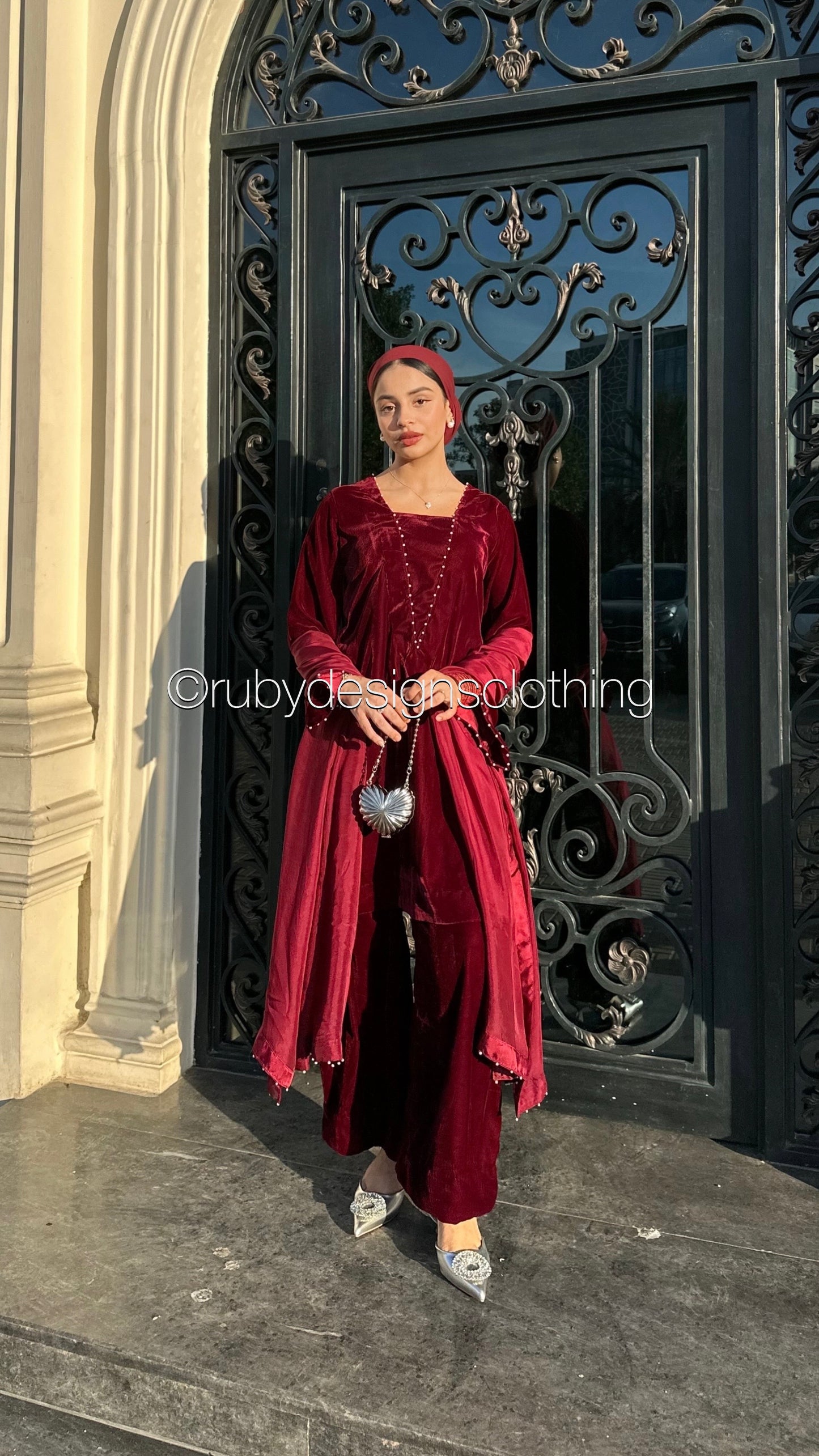 ANUM - 3 Piece Maroon Luxury Velvet Suit with Pearls