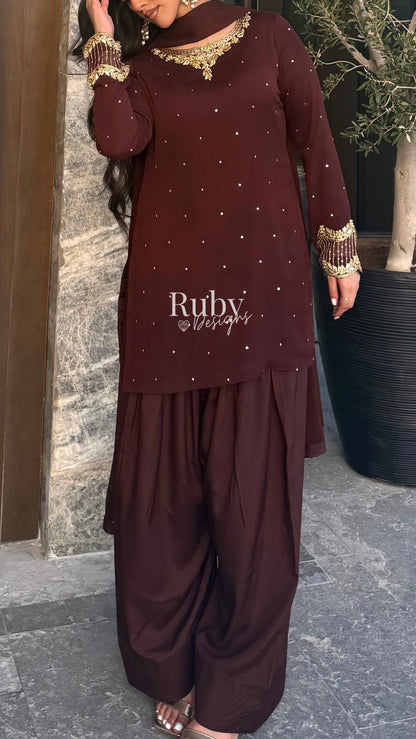 PRE-ORDER RAHA Mocha - Luxury 3 Piece Chiffon Suit with Farshi Shalwar