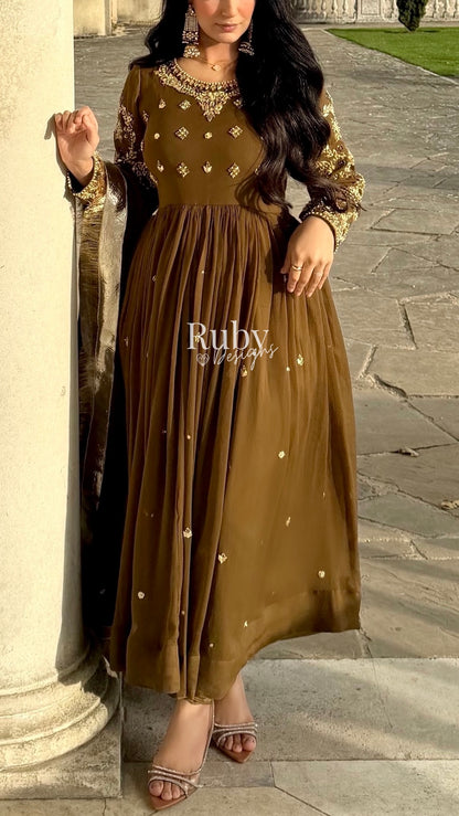 NAYRA Style 1 (Dress) - 3 Piece Khaki Chiffon Dress with Kiran Lace Dupatta and Churidaar Trousers