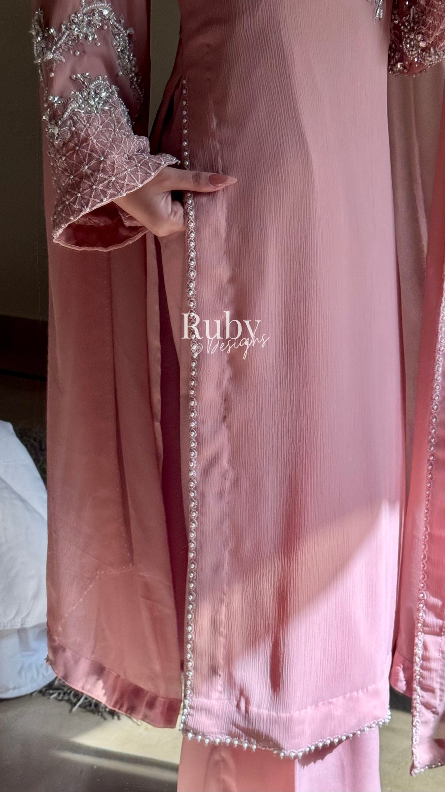 AREEN Blush - 3 Piece Chiffon Suit with Pearl and Stone Handwork