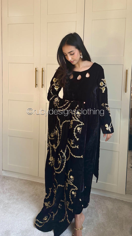 RAISA Black - 3 Piece Luxury Velvet Suit with Heavy Embellished Shawl