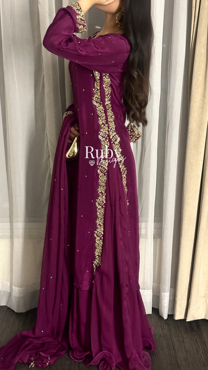 ZAINA Mulberry - 3 Piece Silk Suit with Gold Handwork