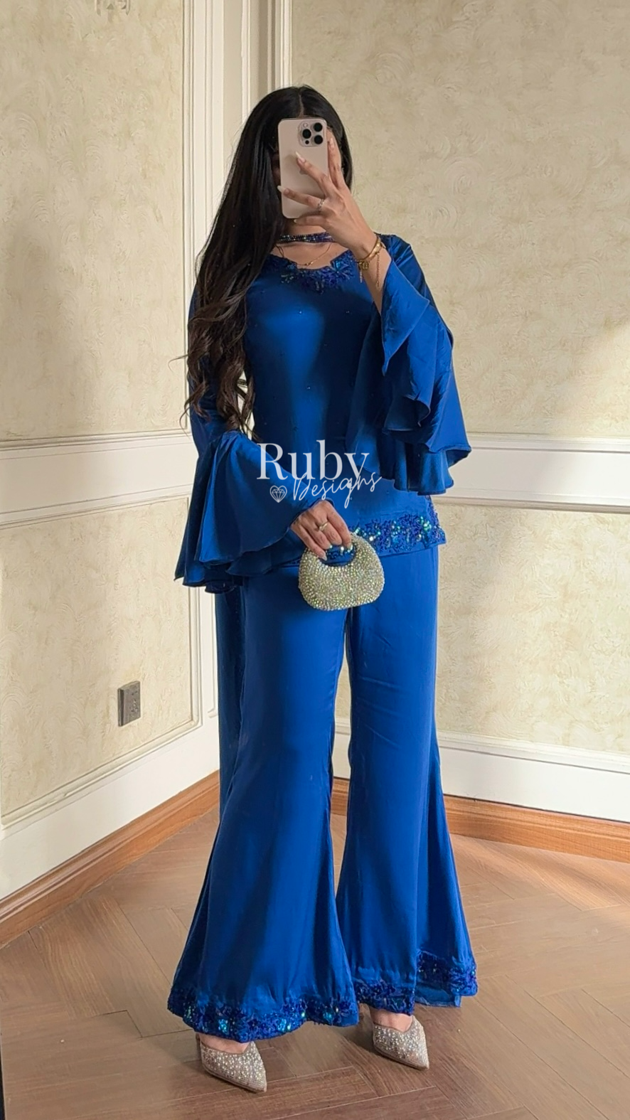KAREENA Blue - 3 Piece Silk Suit with Crystal Choker Dupatta