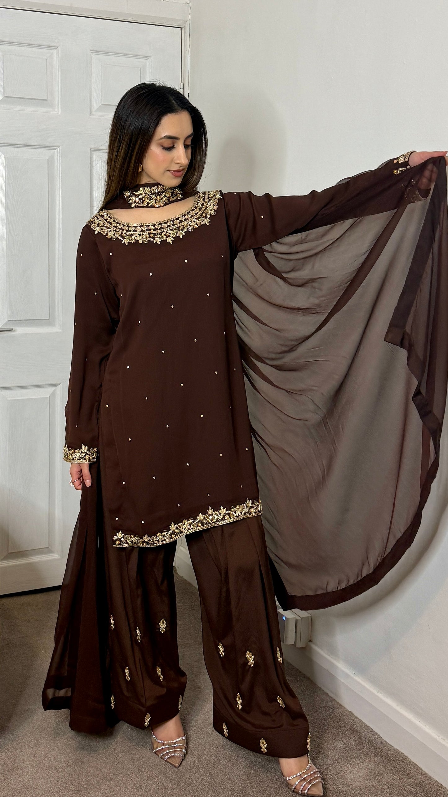 HUMNA Cocoa - 3 Piece Chiffon Suit with Farshi Shalwar