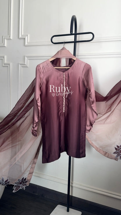 FIHA Mocha - 3 Piece Ombrè Silk Suit with Flowy Wide Pants