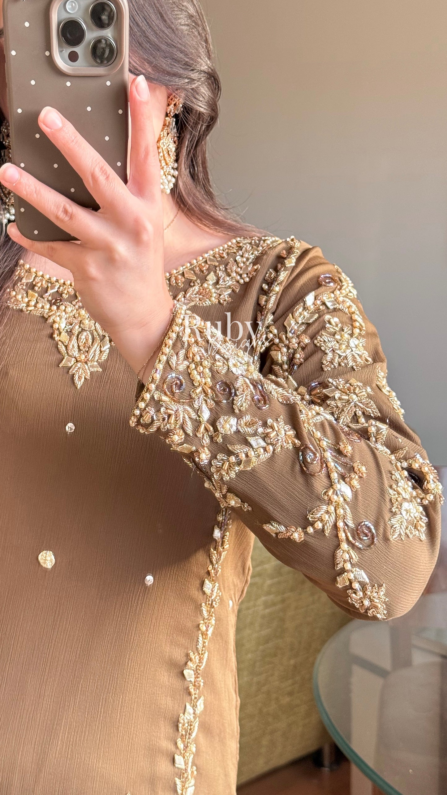 NAYRA Style 2 (Long Shirt) - 3 Piece Khaki Chiffon Suit with Trouser
