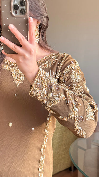 NAYRA Style 2 (Long Shirt) - 3 Piece Khaki Chiffon Suit with Trouser