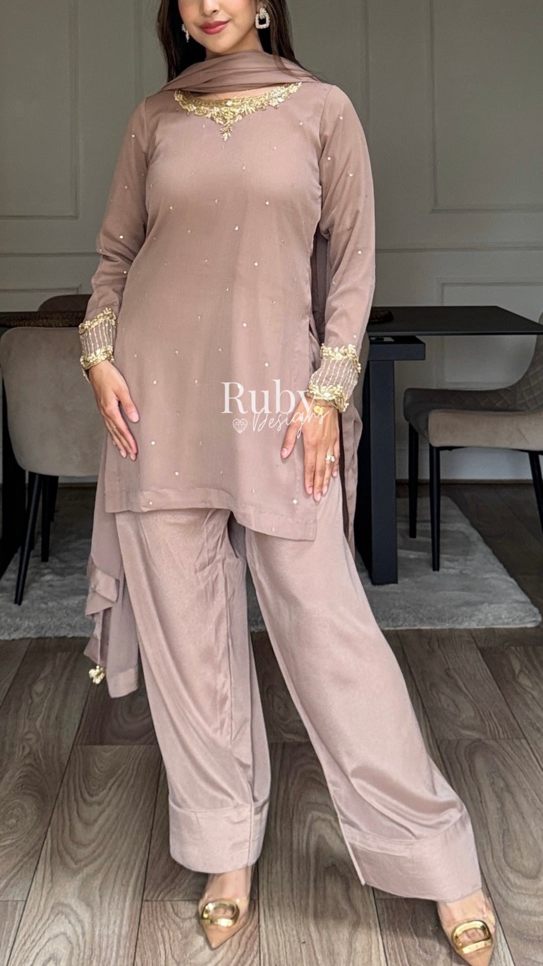RAHA Latte - Luxury 3 Piece Chiffon Suit with Farshi Shalwar