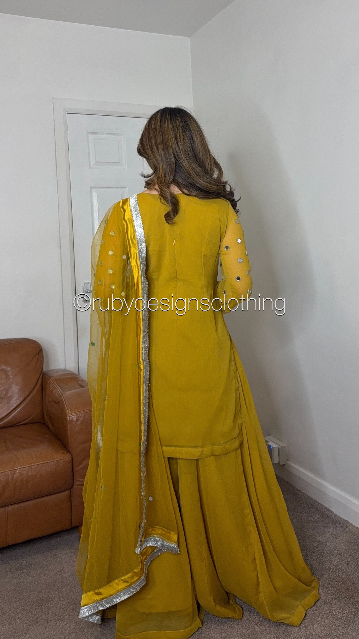 AMREEN Mustard - EXCLUSIVE 3 Piece Chiffon Sharara with Mirror Work