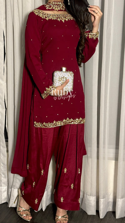 HUMNA Ruby - 3 Piece Chiffon Suit with Farshi Shalwar