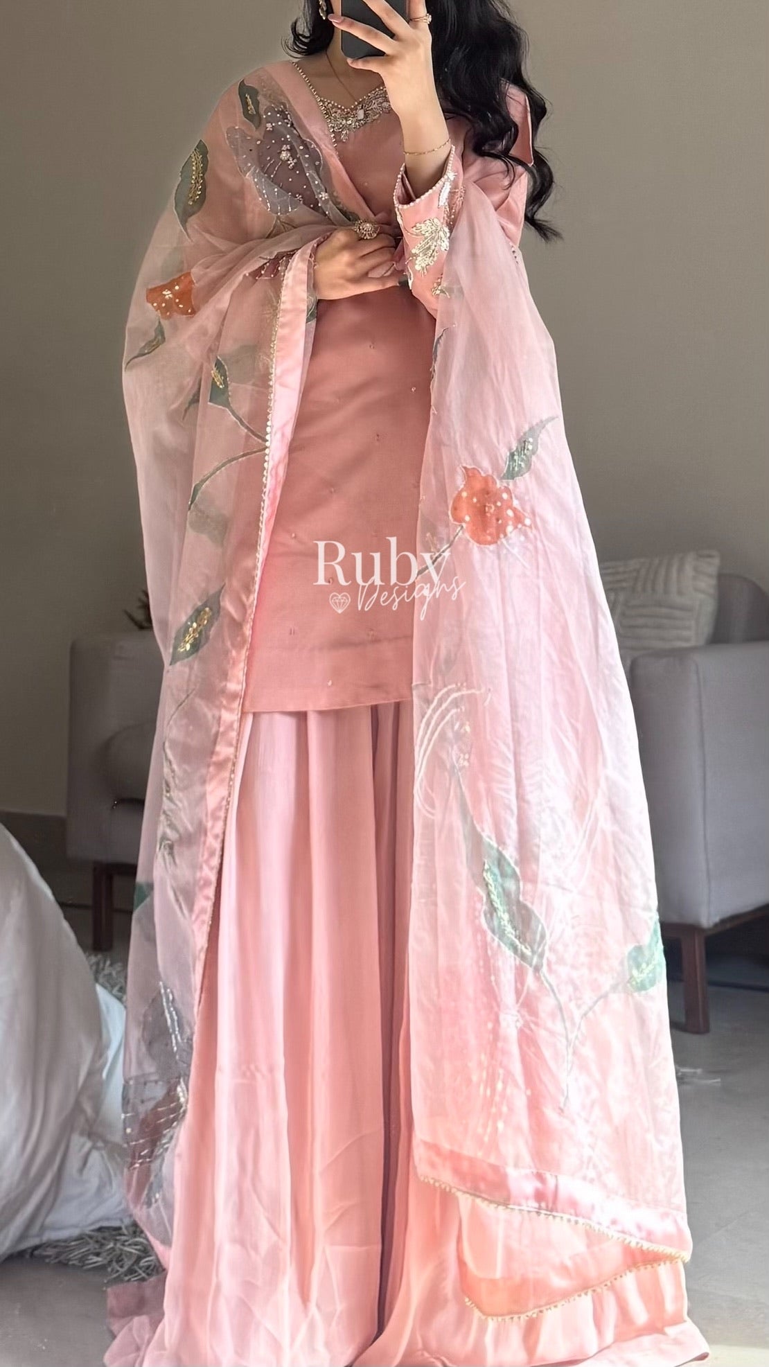 ZAIRA Rose - 3 Piece Chiffon Sharara Suit with Hand Painted Dupatta