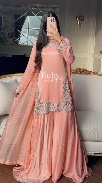 PARISA Peach - 4 Piece Silk Suit with Matching Potli Bag