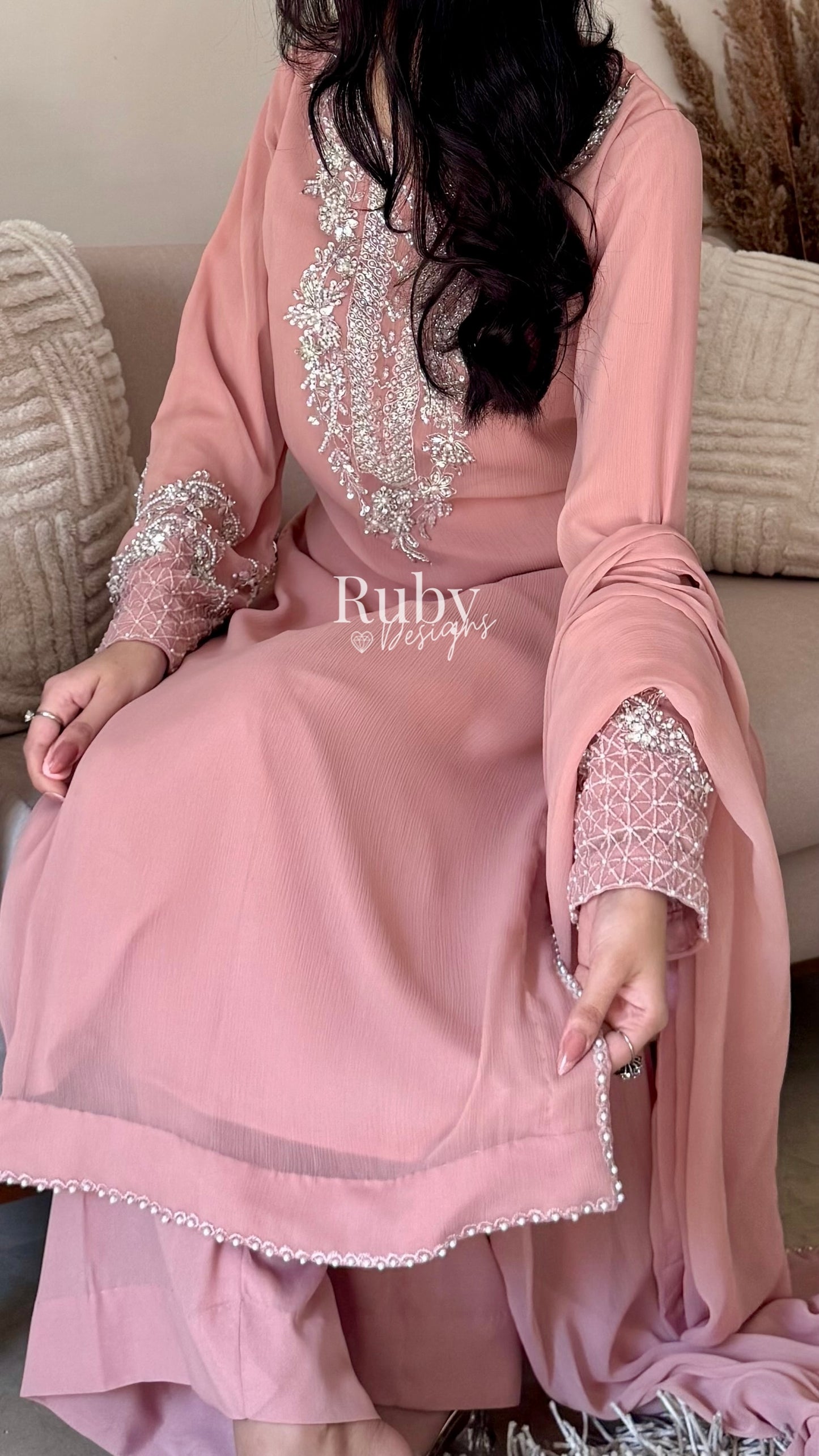 AREEN Blush - 3 Piece Chiffon Suit with Pearl and Stone Handwork