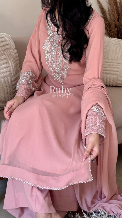 AREEN Blush - 3 Piece Chiffon Suit with Pearl and Stone Handwork
