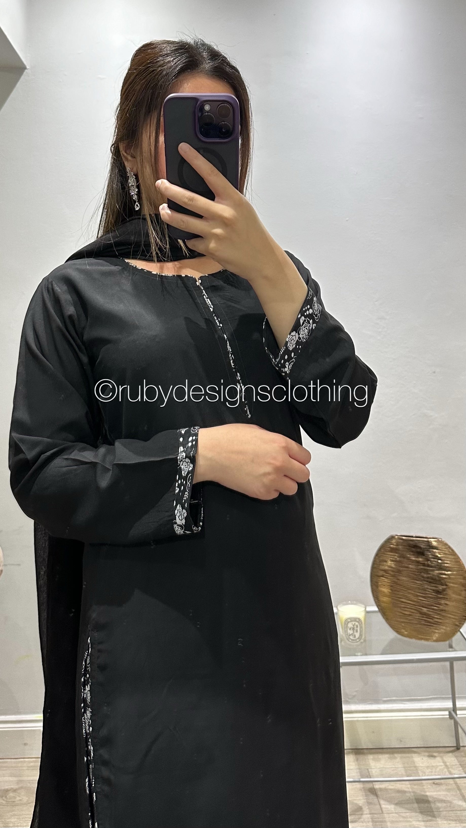 3 Piece Black Linen Suit with Printed Shalwar (8746822369493)