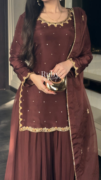 ZEBA Chocolate - 3 Piece Luxury Suit with Sharara