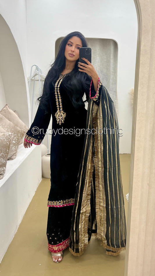 NAYAB - 3 Piece Luxury Velvet Suit with Gold Handwork