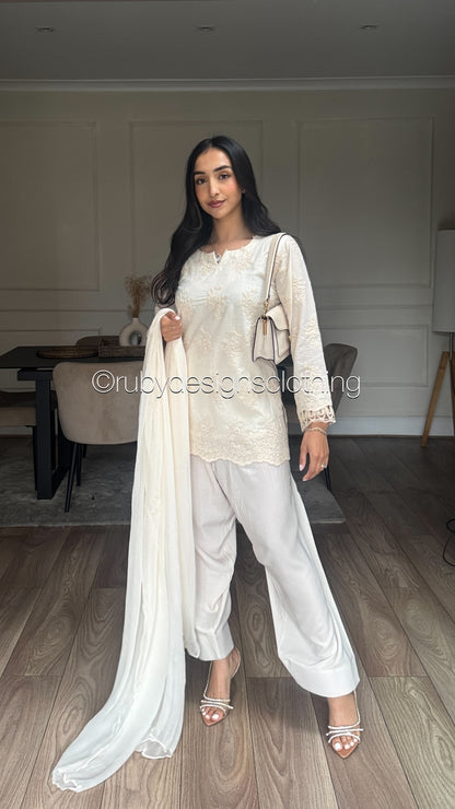 Vanilla Mist - 3 Piece Chikankari Suit with Farshi Shalwar